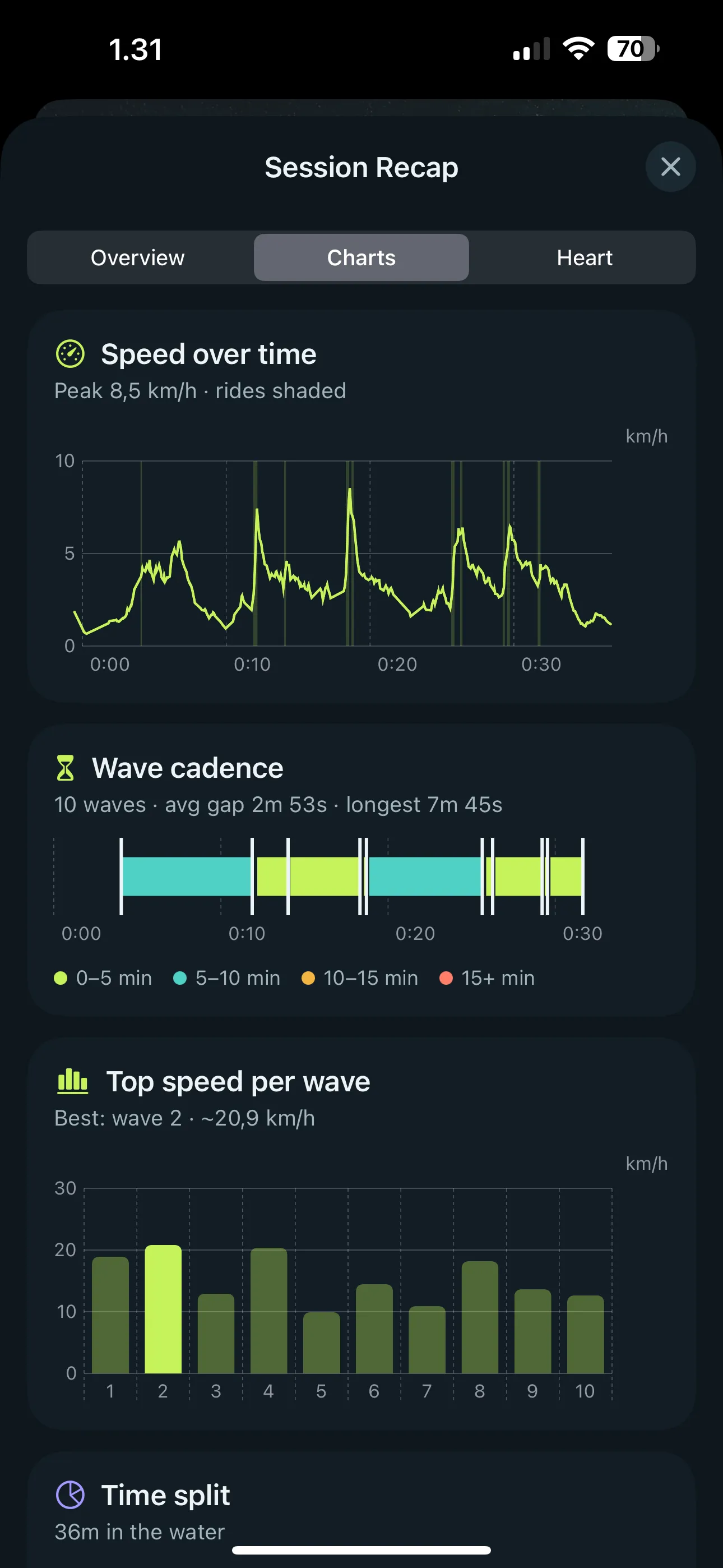 Session charts: speed over time, wave cadence and top speed per wave